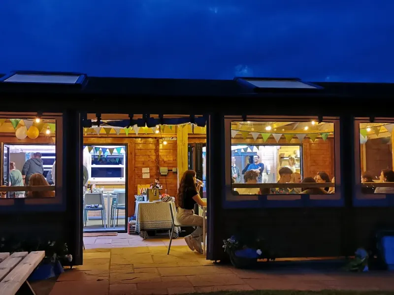 The catering cabin at dusk