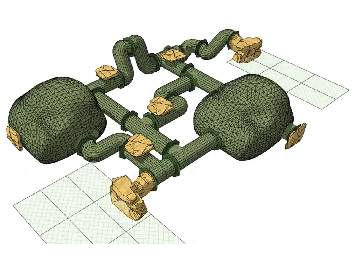 3D drawing of the planned caving trail: two chambers linked by winding tunnels and squeezes