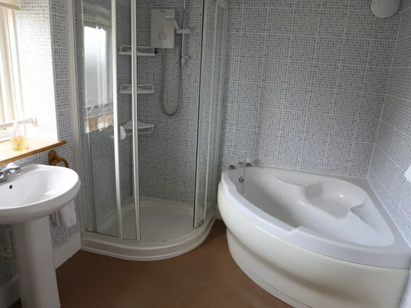 The shared bathroom, with bath and shower